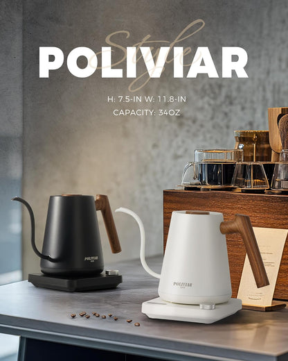 POLIVIAR Electric Gooseneck Kettle, 1350W Electric Tea Kettle Wood Pattern Handle, 34oz Pour Over Electric Kettle for Coffee & Tea, 18/8 Stainless Steel Inner, Temperature Control & Rapid Heating | 1350W, 34oz Pour Over Electric Tea Kettle for Coffee &