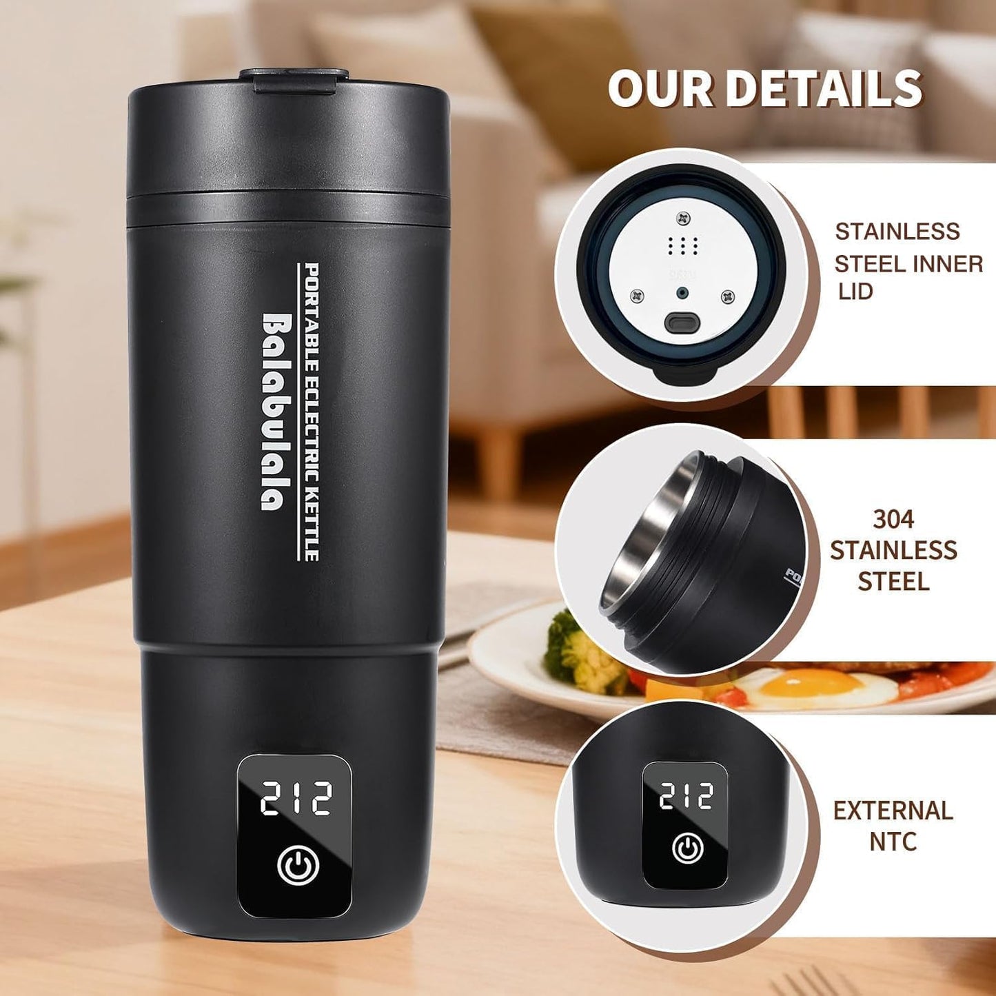 Travel Electric Kettle, Balabulala Portable Water Boiler with 6 Variable Presets,Small Electric Kettle With Silicone Base Cover to Prevent water, Boil Dry Protection,14oz