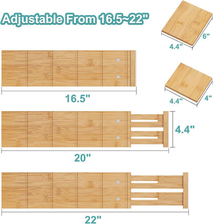 4.4" High Drawer Dividers with Inserts, Bamboo Drawer Dividers for Clothes, Expandable from 12-17.5", Adjustable drawer organizer for Bedroom, Kitchen & Office, 4 Dividers with 8 Insert.