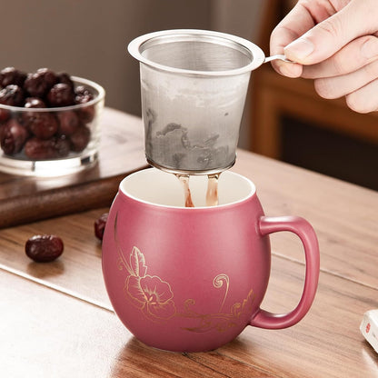 Yundu 12 OZ Matte Purple Ceramics Teacup with Infuser and Lid, Mug with Lid for Steeping - Stainless Steel Infuser for Loose Leaf Tea, Home Office Gift for Tea Lovers