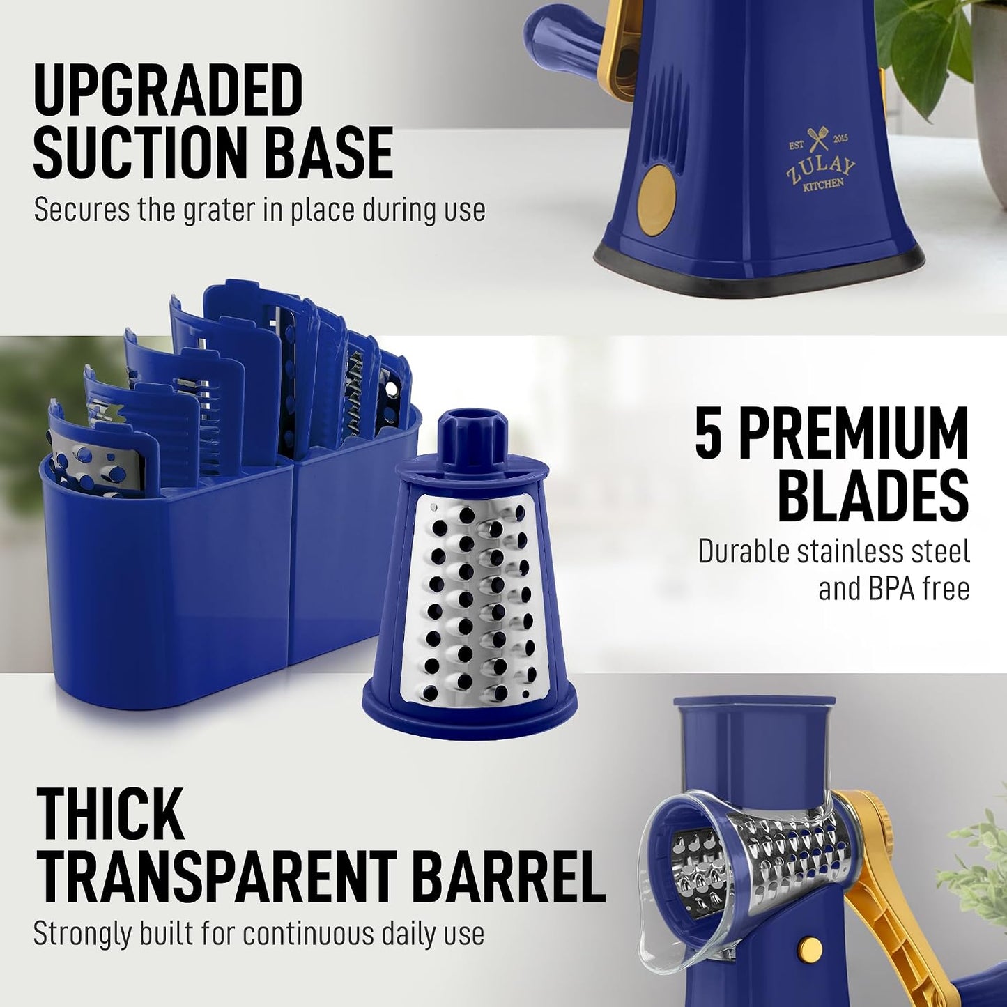Zulay Kitchen Rotary Cheese Grater 5 Blade Cheese Shredder - Manual Hand Crank Cheese Grater With Reinforced Suction & 5 Interchangeable Drums - Easy to Use, Vegetable Chopper Round Mandoline Slicer - Colors A