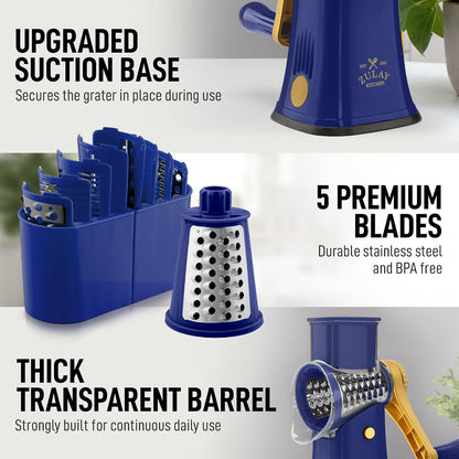 Zulay Kitchen Rotary Cheese Grater 5 Blade Cheese Shredder - Manual Hand Crank Cheese Grater With Reinforced Suction & 5 Interchangeable Drums - Easy to Use, Vegetable Chopper Round Mandoline Slicer - Colors A