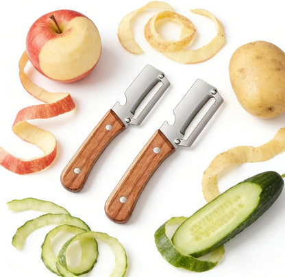 3Pcs Multifunctional Vegetable Peeler, 2-in-1 Multifunctional Vegetable Peeler with Wooden Handle & Stainless Steel Blade, Built-in Bottle Opener, Fruit & Vegetable Kitchen Peeling Tool