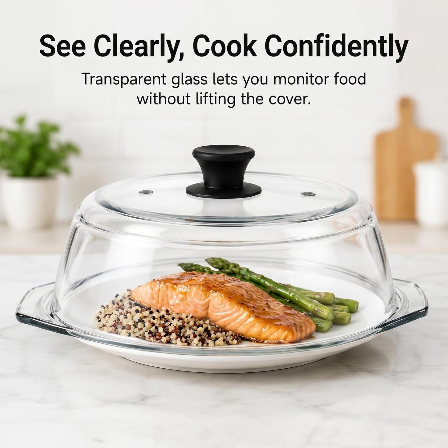 Glass Microwave Splatter Cover for Food,Plate Guard Lid with Ceramic Screw,Plate Splatter Guard Lid with Vent Holes & Easy-Grip Handle，BPA Free, Dishwasher Safe（10in ）
