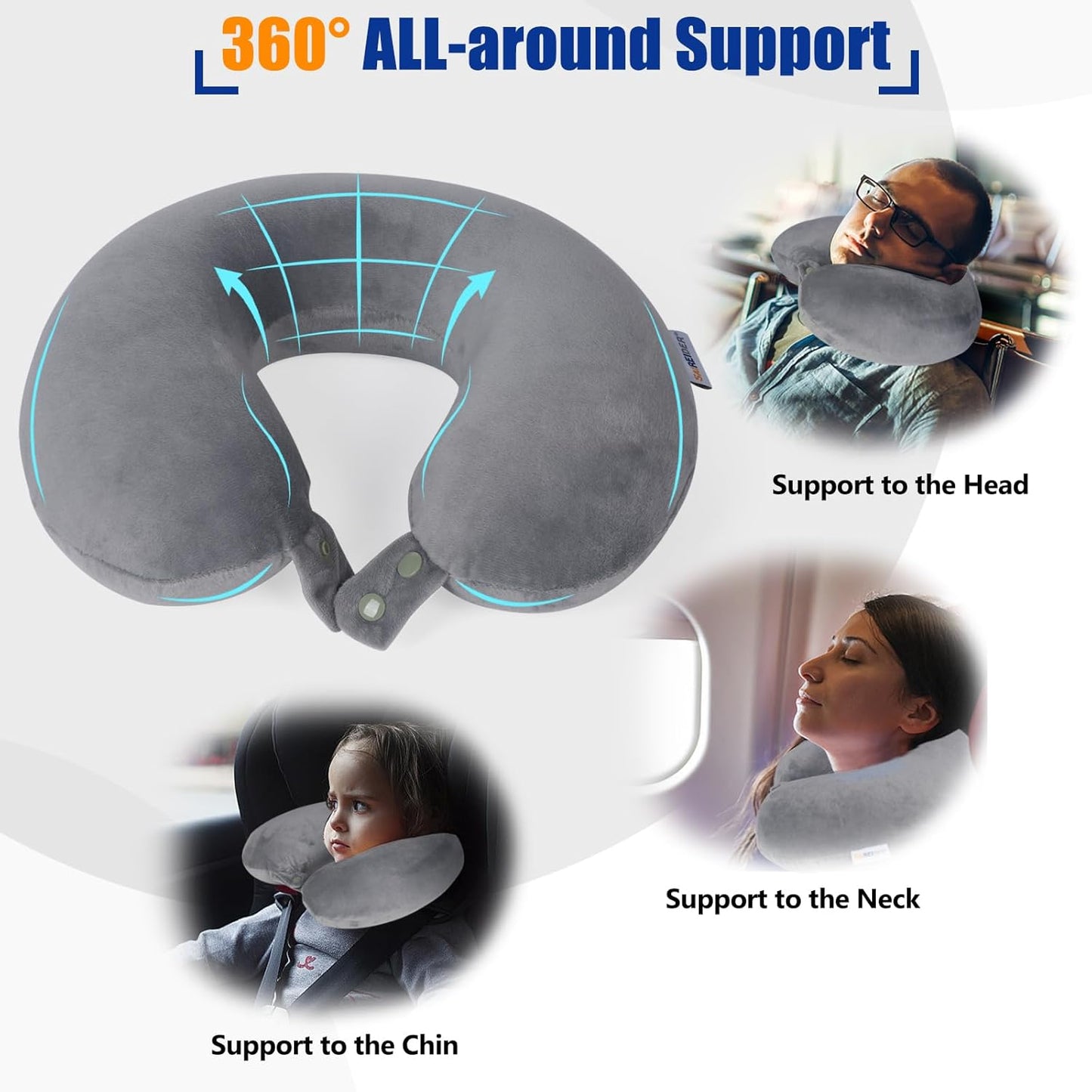 SAIREIDER Travel Pillow 100% Pure Memory Foam Travel Neck Pillow, Airplane Pillow for Traveling、Car、Home、Office，Washable Cover（Black）