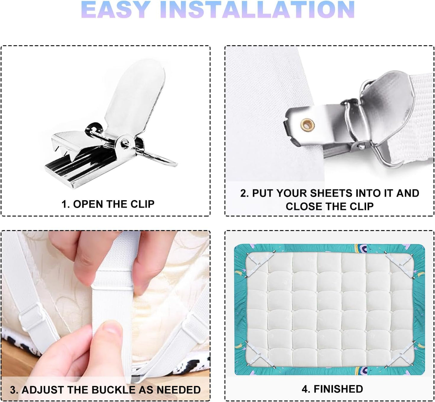 Fitted Bed Sheet Straps: Sheet Holder Suspenders (White, 4-Pack)