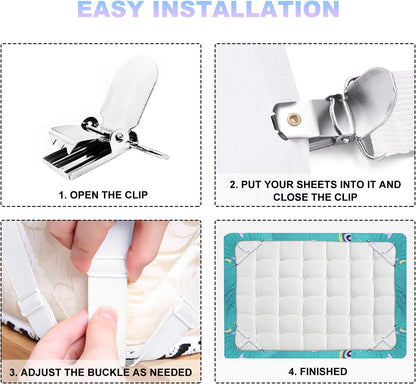Fitted Bed Sheet Straps: Sheet Holder Suspenders (White, 4-Pack)