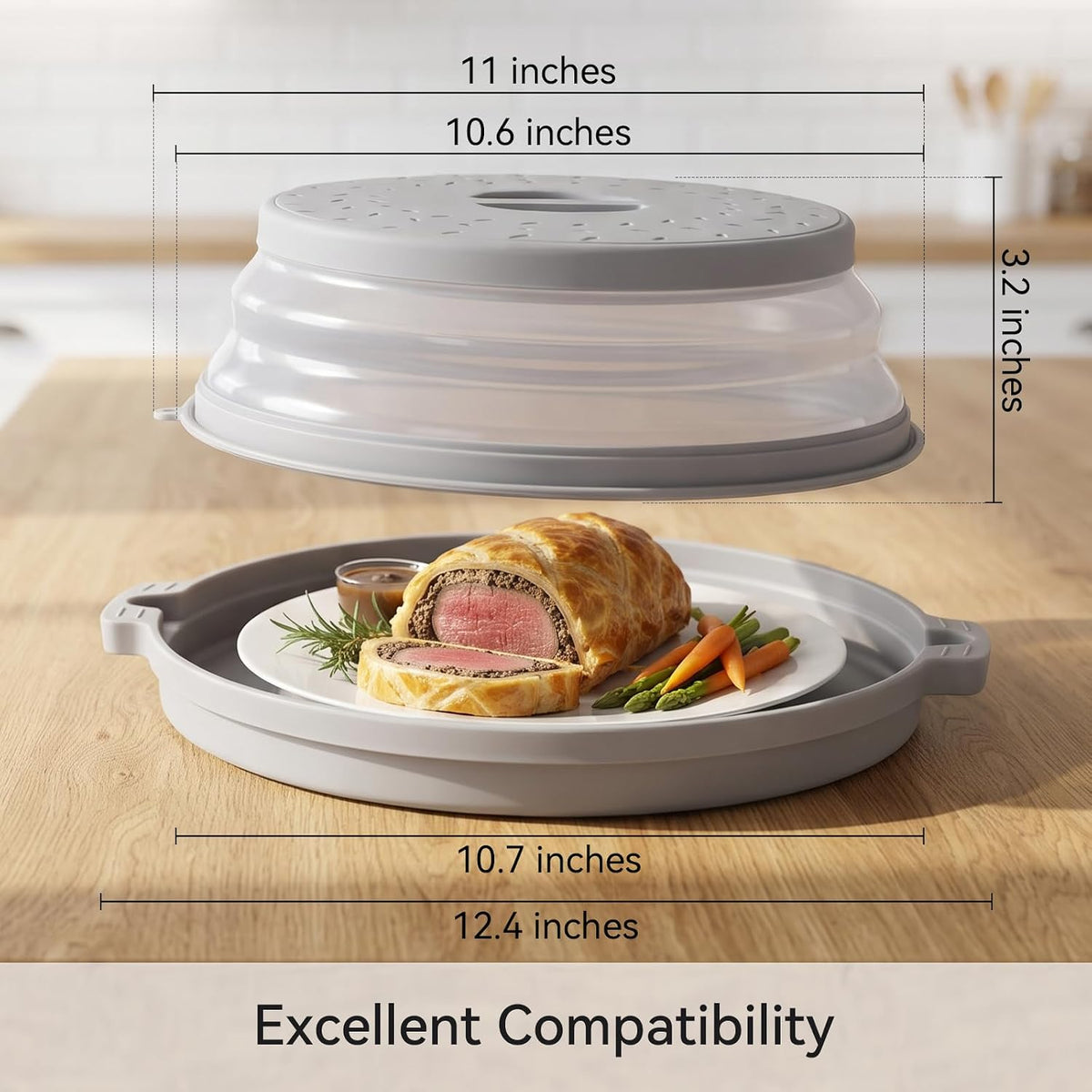 Microwave Splatter Cover for Food with Anti-scald Base Plate, Grey