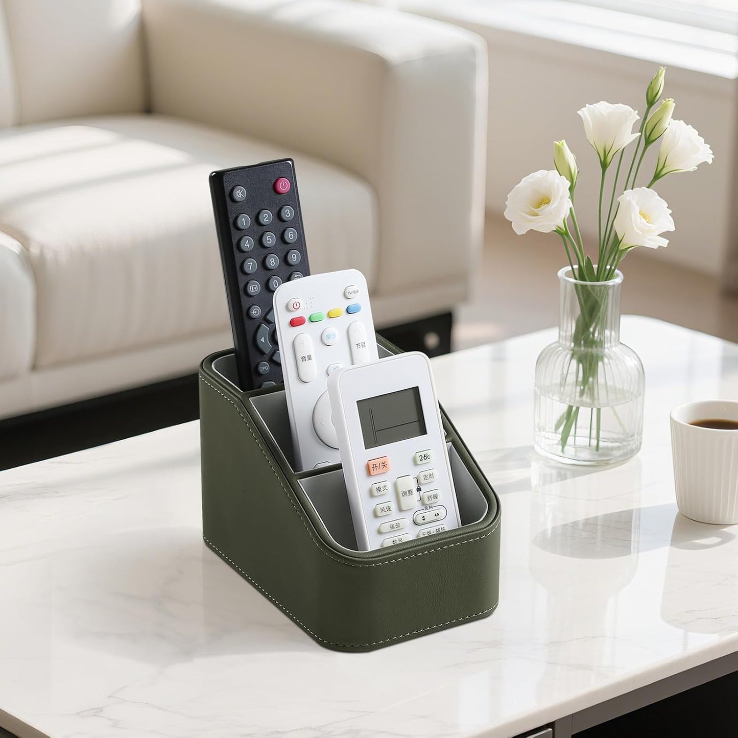 Remote Control Holder, Small Desk Organizer TV Remote Caddy, Black | PU Leather 3 Compartments Remote Holder, Remote Organizer Nightstand Organizer for Couch Bedside Living Room Office