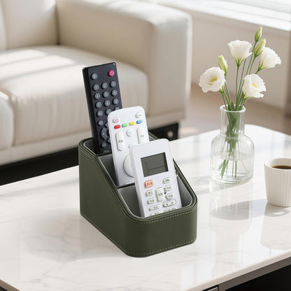 Remote Control Holder, Small Desk Organizer TV Remote Caddy, Black | PU Leather 3 Compartments Remote Holder, Remote Organizer Nightstand Organizer for Couch Bedside Living Room Office