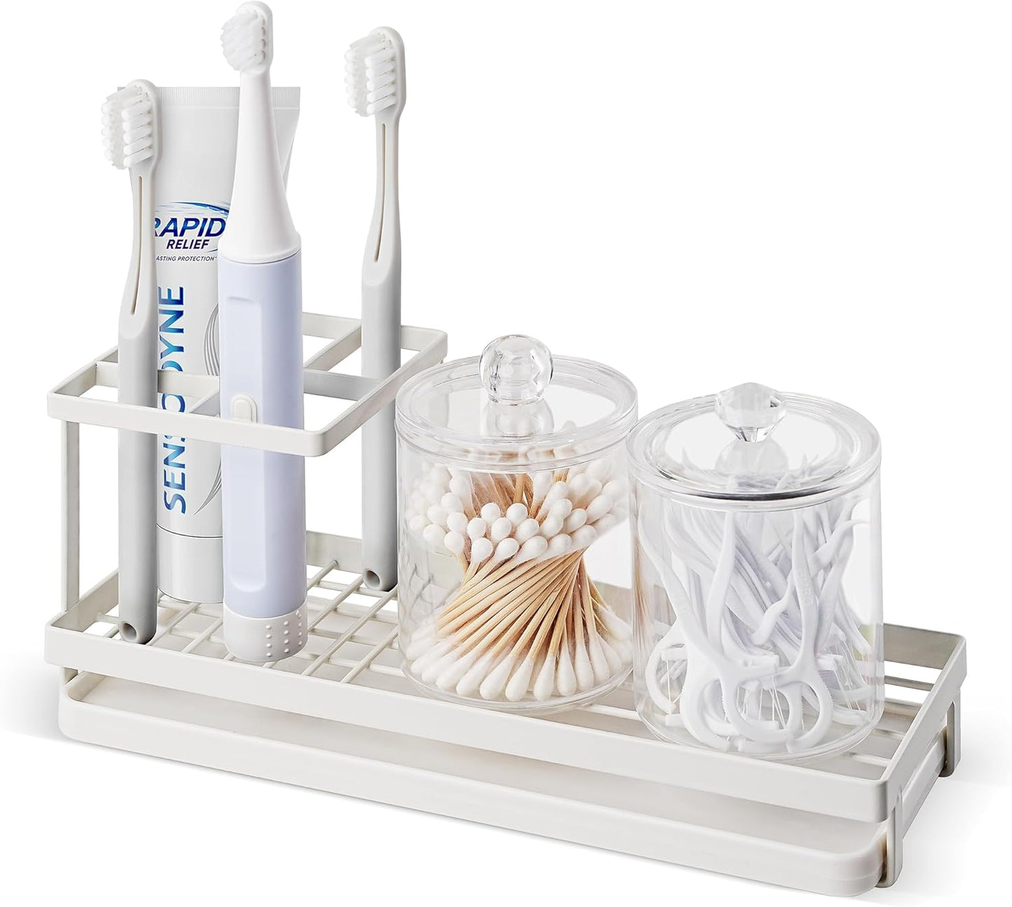 Toothbrush Holders for Bathrooms, 4 Slots Metal Tooth Brushing Organizer | Rustproof Electric Tooth Brush Toothpaste Holder with Drainage for Bathroom Countertop, White