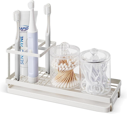 Toothbrush Holders for Bathrooms, 4 Slots Metal Tooth Brushing Organizer | Rustproof Electric Tooth Brush Toothpaste Holder with Drainage for Bathroom Countertop, White