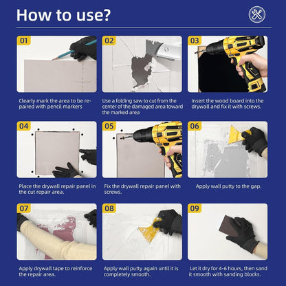 Drywall Repair Kit,Drywall Repair Panel 12” x12“,Drywall Patch Kit Large Hole,Sheetrock Repair Kit,Wall Surface Large Hole Fill Quick and Easy Solution | Sheetrock Repair for Wall Surface. Quick Fill Damaged Areas. Includes Tools for Easy Application