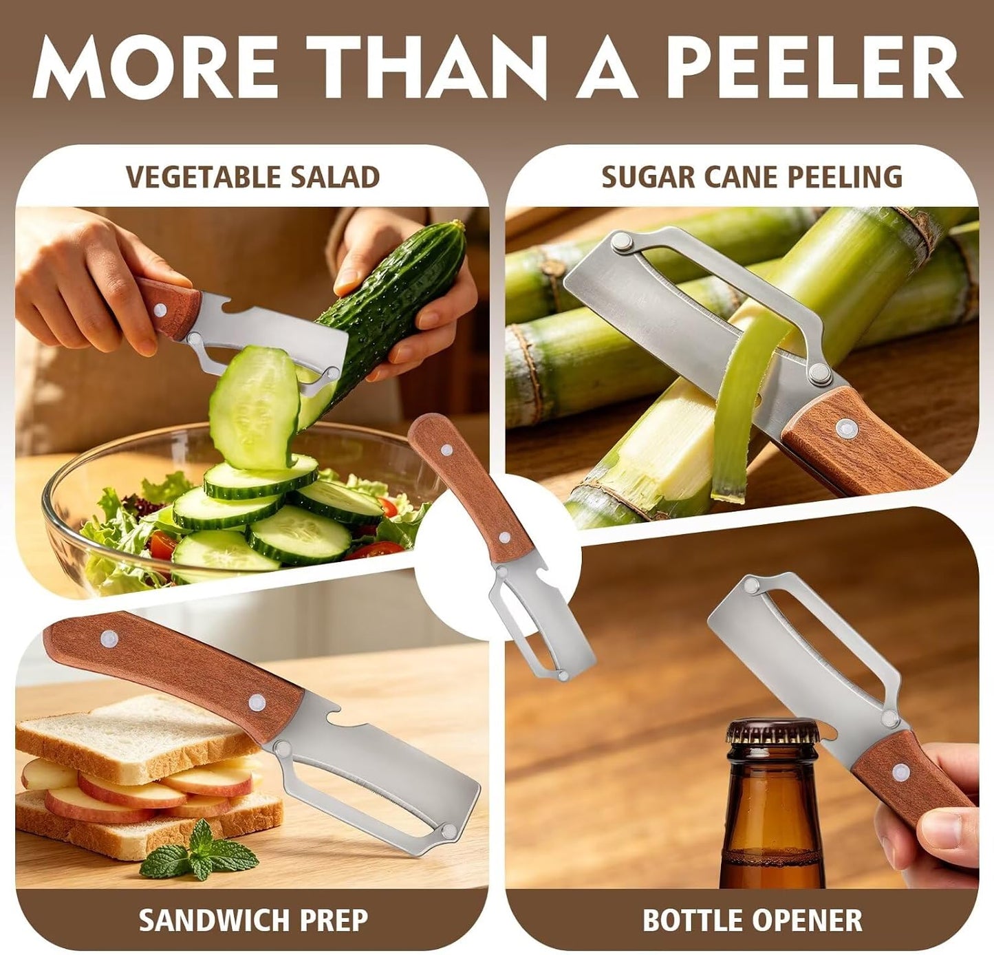 Multifunctional Vegetable Potato Peeler for Kitchen，Wooden-Handled Stainless Steel Sharp Peeler Knife with Built-In Bottle Opener for Veggie, Fruit, Potato, Carrot, Apple Ergo 1PCS