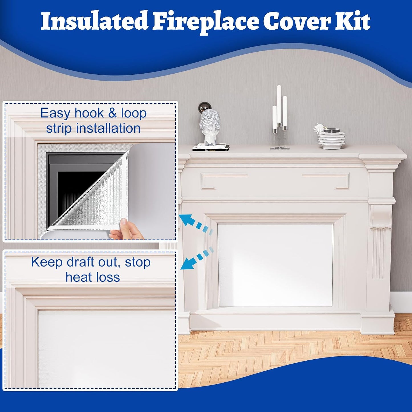 Fireplace Cover, 3-Layer Insulation Fireplace Draft Blocker with Strips, Inside Fireplace Draft Stopper Stops Heat Loss & Keep Drafts Out, Covers Up to 39" x 55" Fireplace, White Surface