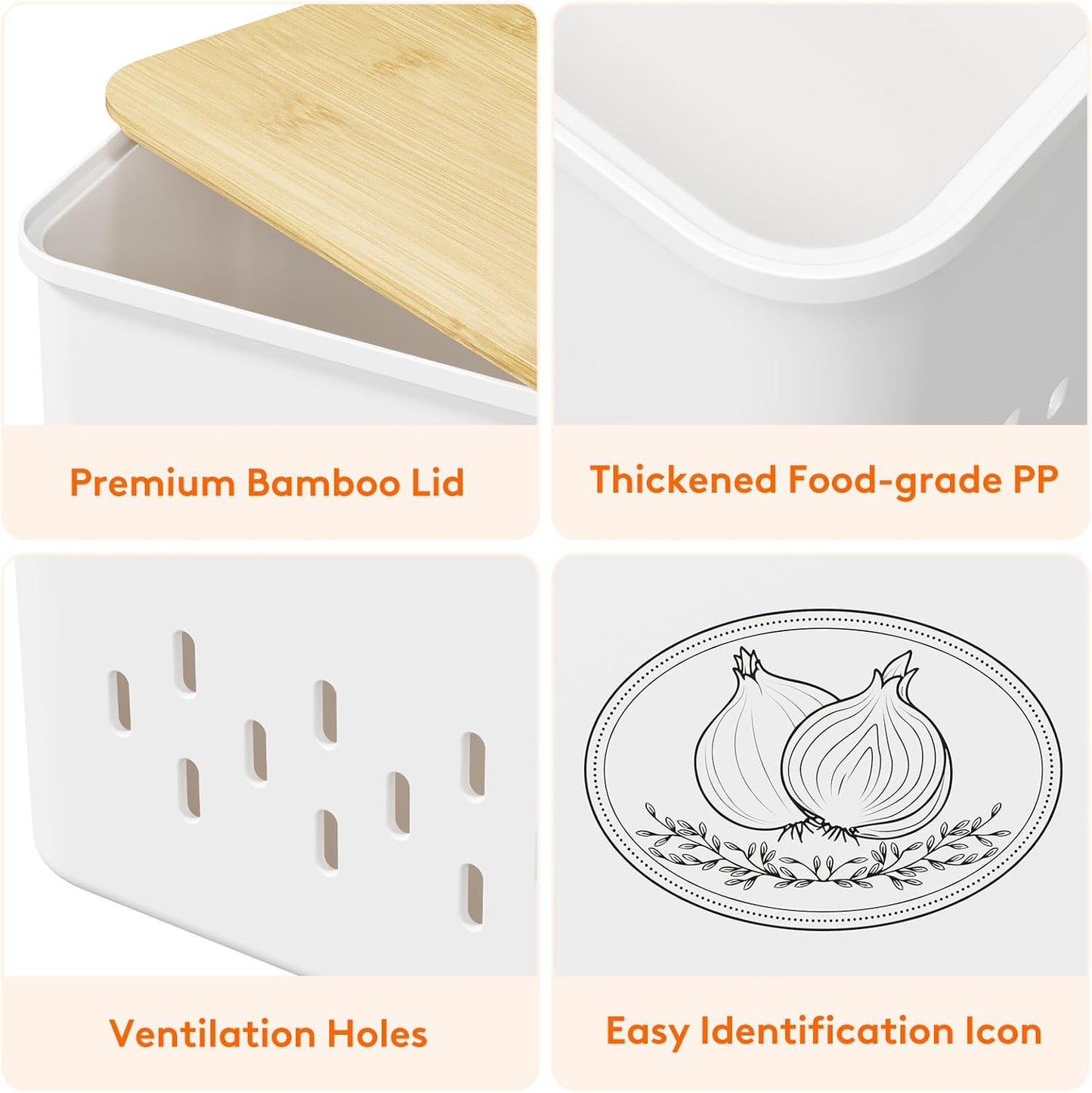 Lifewit Plastic Potato and Onion Storage Bin Box, Set of 3, White | Stackable Garlic Keeper, Vegetable Container Box, Aerating Holes & Lid for Pantry Countertop