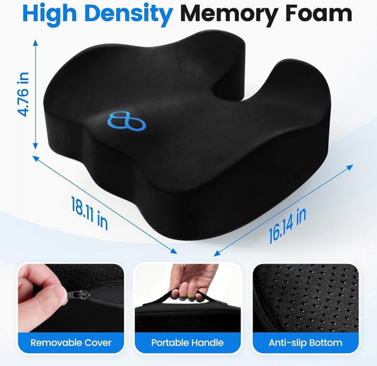 Seat Cushion, Non-Slip Memory Foam Chair Cushion for Taibone, Black/Large | Chair Pillow with Handles for Car Office Chair, Tailbone/Sciatica Easing& Post-Surgery Recovery Chair Cushion