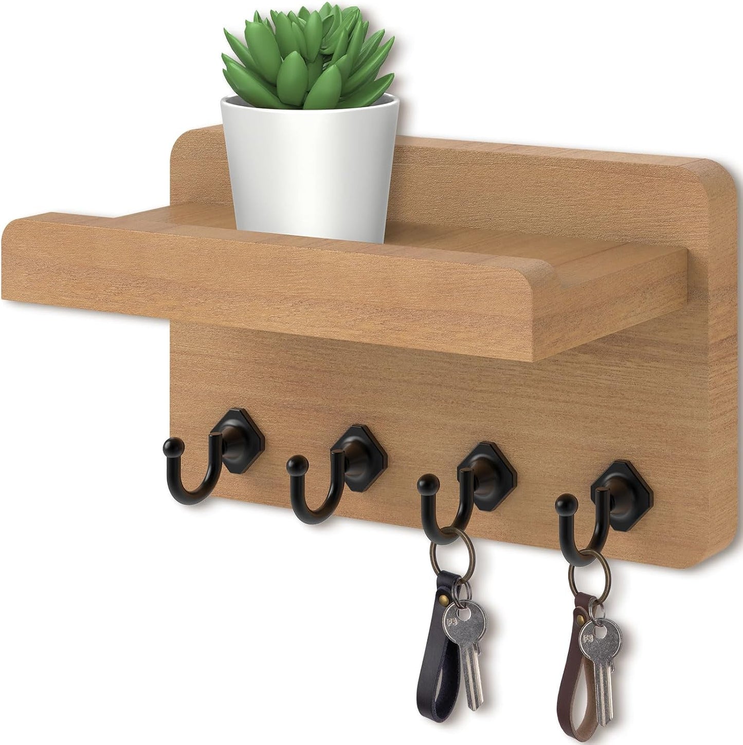 Nekon Key Holder Wall Mount, 8.5 Inch Small Wooden Wall Organizer, Black | Rustic Wall Shelf, Farmhouse Key and Mail Holder for Living Room Entryway Kitchen