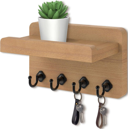 Nekon Key Holder Wall Mount, 8.5 Inch Small Wooden Wall Organizer, Black | Rustic Wall Shelf, Farmhouse Key and Mail Holder for Living Room Entryway Kitchen