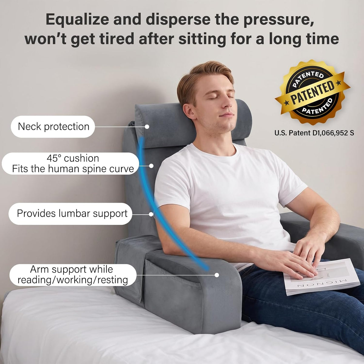ENITYA 21" Reading Pillow for Bed with Firm Back Support & Big Pockets