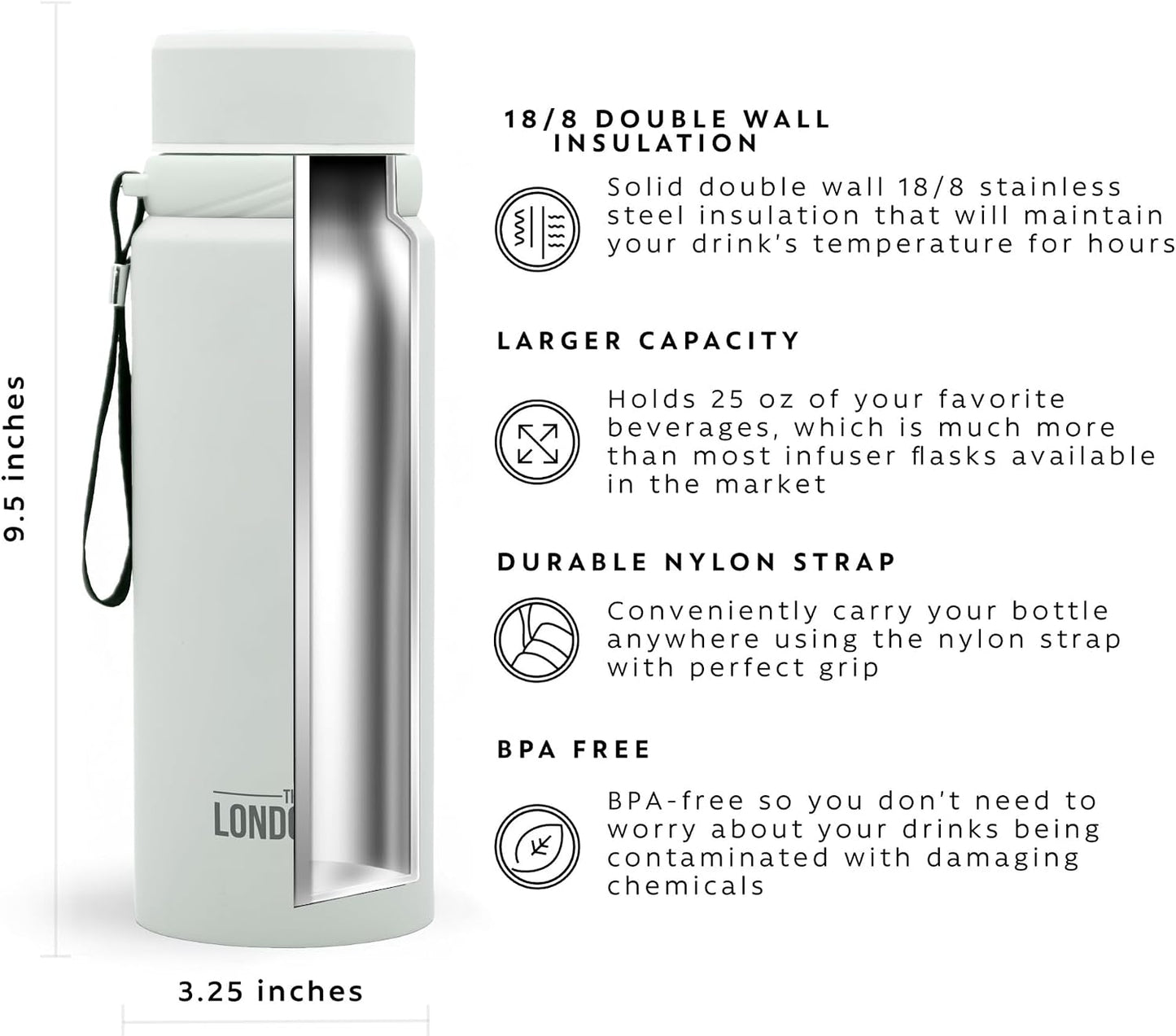 London Sip 25 oz Multi-Function Travel Mug and Tumbler Tea Infuser Water Bottle Fruit Infuser Flask Hot and Cold Double Wall Stainless Steel Coffee Thermos, Zen Black