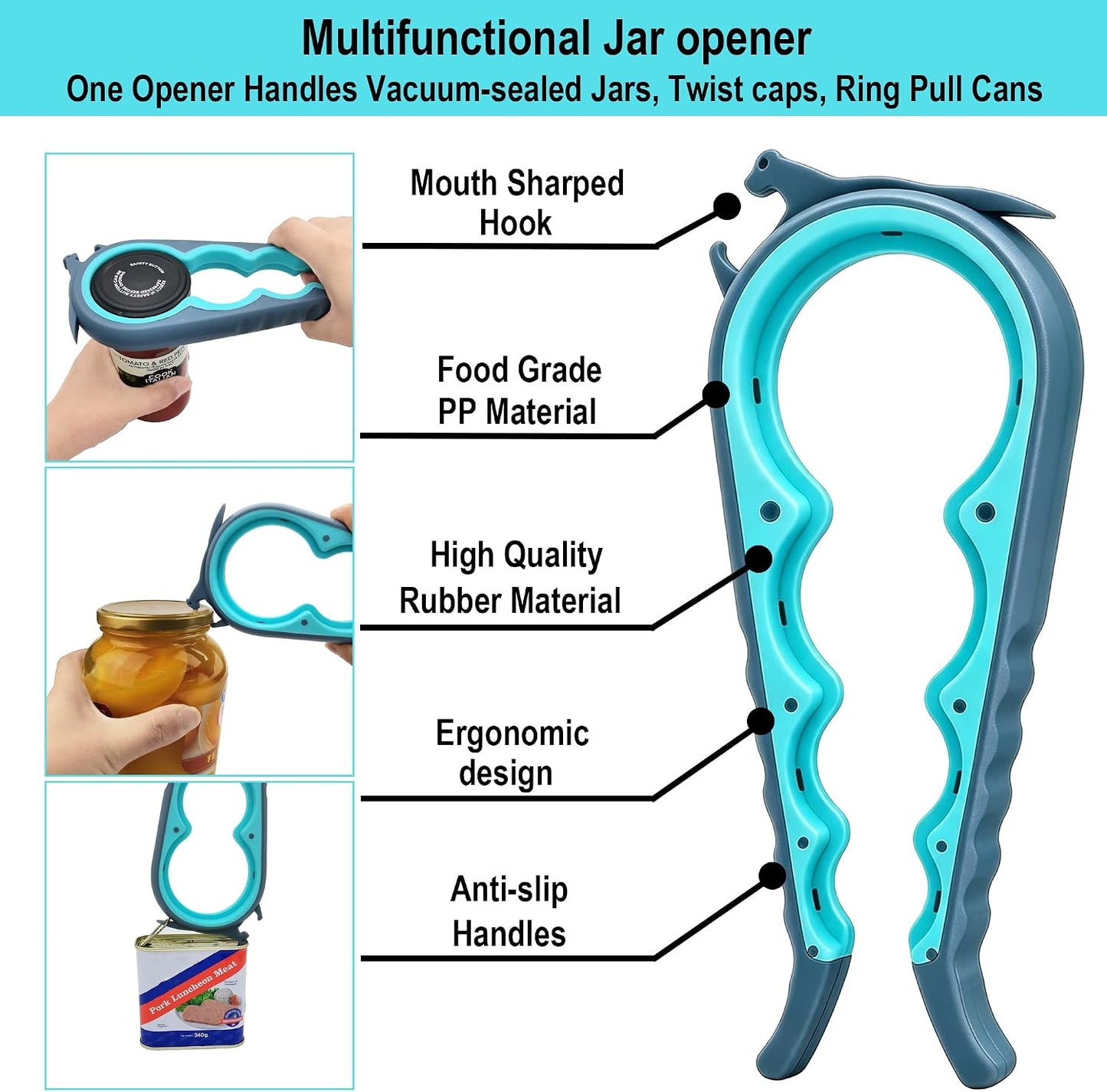 Jar Opener for Weak Hands, Seniors with Arthritis, 5 in 1 Bottle Opener | Multi-use Lid Opener Set with Non-slip Rubber Gripper Pad & Wine Opener, Great for Senior Parents, Grandparents or Loved Ones