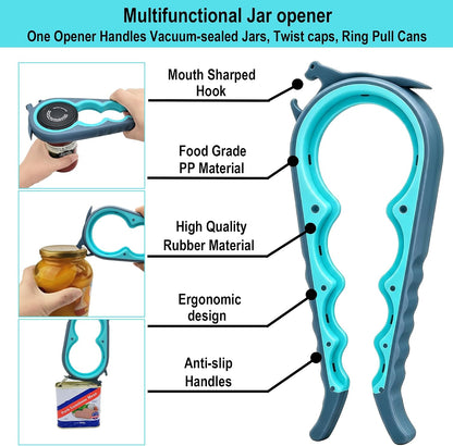 Jar Opener for Weak Hands, Seniors with Arthritis, 5 in 1 Bottle Opener | Multi-use Lid Opener Set with Non-slip Rubber Gripper Pad & Wine Opener, Great for Senior Parents, Grandparents or Loved Ones