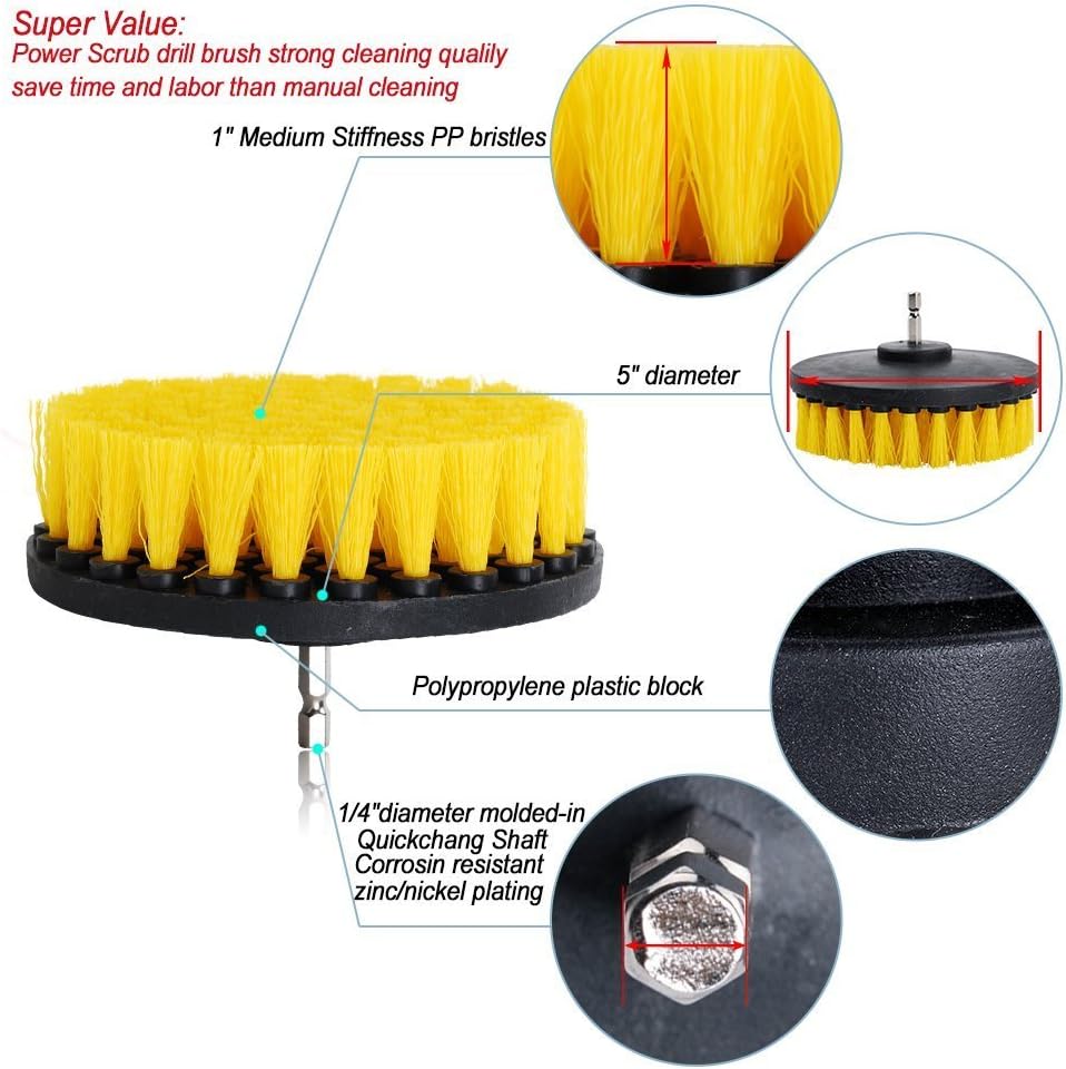 5in 3 Piece Soft, Medium and Stiff Power Scrubbing Brush Drill Attachment for Cleaning Showers, Tubs, Bathrooms, Tile, Grout, Carpet, Tires and Boats by DUOSHIDA