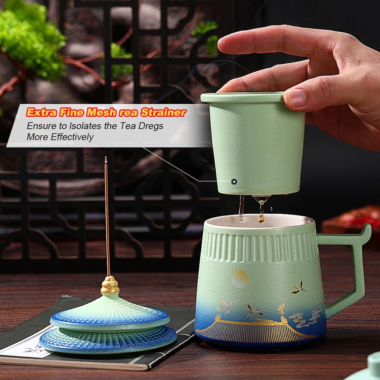 Loose Leaf Tea Cup with Infuser and Lid, 14.8oz Chinese Ceramic Mug with Fine Mesh Strainer, Office Steeping Cup for Tea Lovers Gifts