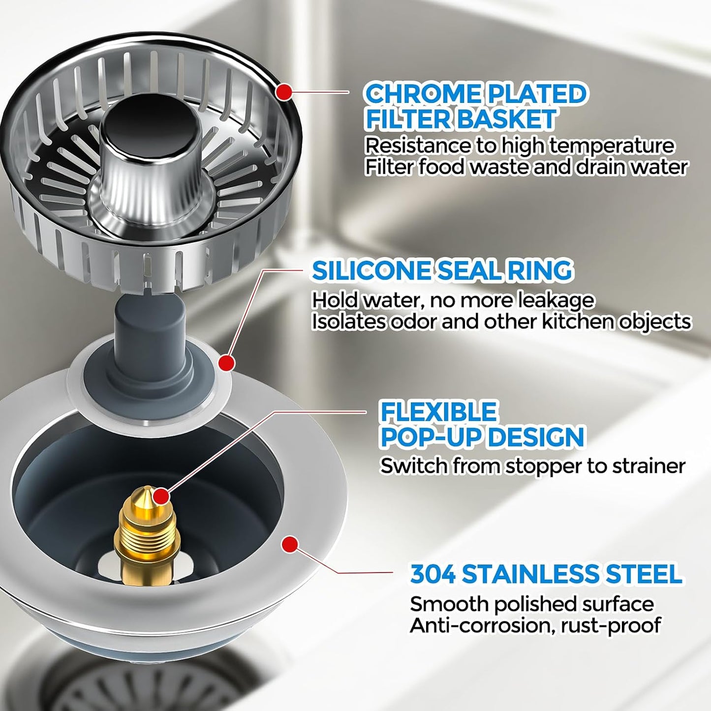 3 in 1 Kitchen Sink Drain Strainer Stopper Removable Basket Pop-Up | Kitchen Sink Food Strainer 1 Pack Silver Stainless - Food Catcher, Odor-Block Seal, Fits 3.5" Drain, Easy Clean
