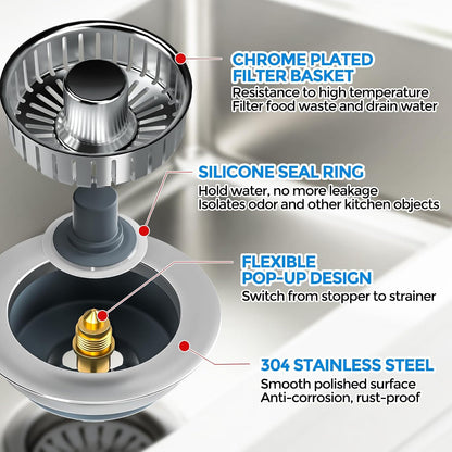 3 in 1 Kitchen Sink Drain Strainer Stopper Removable Basket Pop-Up | Kitchen Sink Food Strainer 1 Pack Silver Stainless - Food Catcher, Odor-Block Seal, Fits 3.5" Drain, Easy Clean