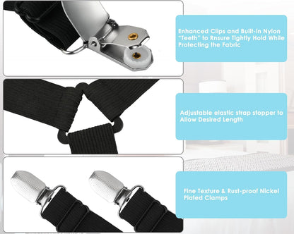 DS. DISTINCTIVE STYLE Sheet Straps 2 Pieces Mattress Sheet Holder Straps for Queen/King Size Bed Suspenders Twin XL Adjustable Elastic Bands and Corner Clips