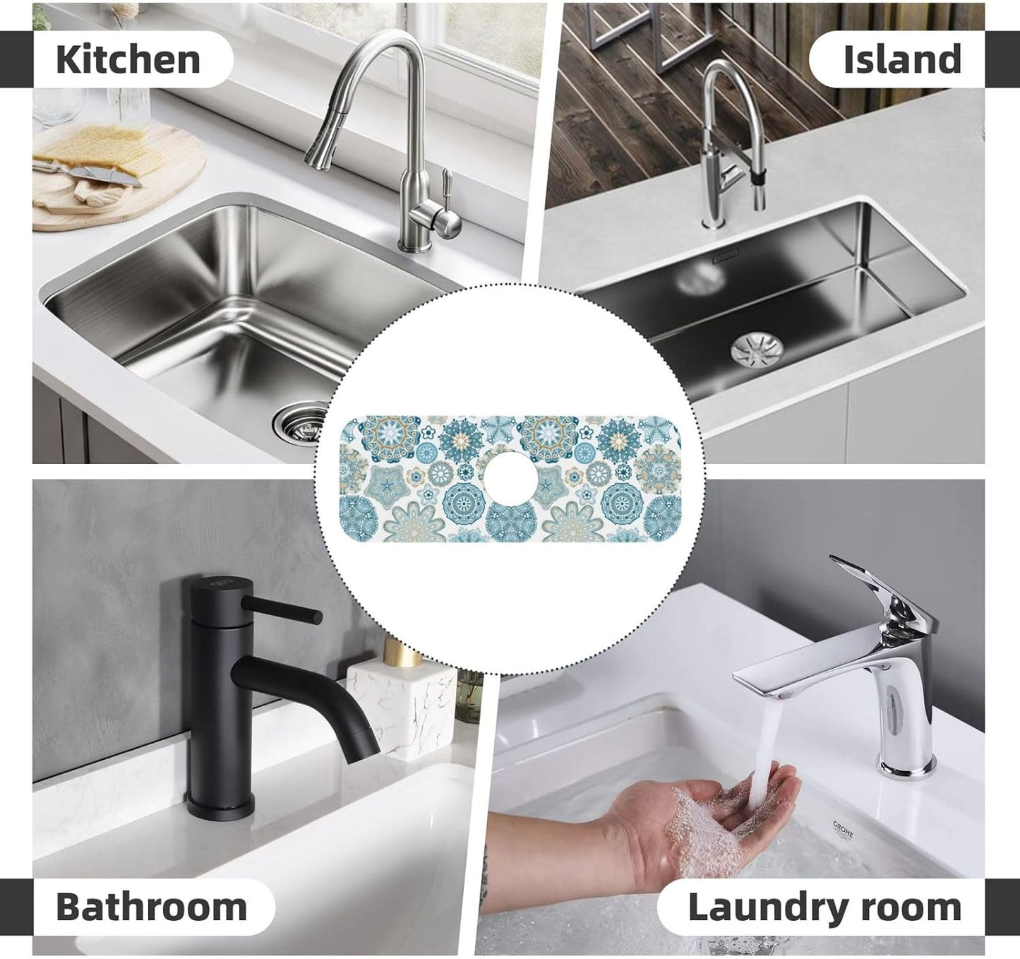 Aquamarine Blue Mexican Tiles Faucet Splash Guard Mat for Kitchen Sink 15x5.5" - Colors B