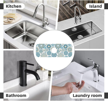 Aquamarine Blue Mexican Tiles Faucet Splash Guard Mat for Kitchen Sink 15x5.5" - Colors B