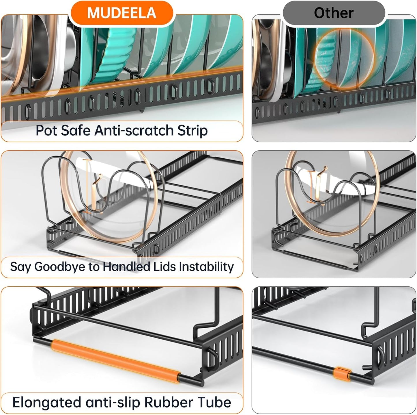 MUDEELA Expandable Pot Pan Lid Organizers inside Cabinet, 10 Divider-Black | Expandable 11.8–22.9", 10 Adjustable Divider, Tool-Free Assembly, Non-Slip, Scratch-Proof, For Pan Lid Cutting Board Bakeware