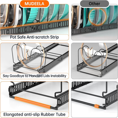 MUDEELA Expandable Pot Pan Lid Organizers inside Cabinet, 10 Divider-Black | Expandable 11.8–22.9", 10 Adjustable Divider, Tool-Free Assembly, Non-Slip, Scratch-Proof, For Pan Lid Cutting Board Bakeware
