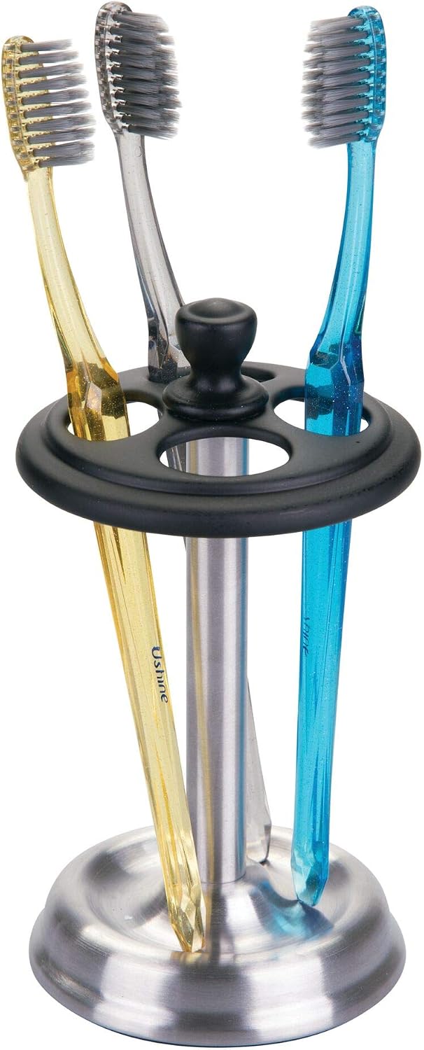 iDesign Steel Divided Toothbrush Holder Stand, 3.25" x 3.25" x 5.75" | Four Divided Compartments, Brushed Nickel & Polished Chrome
