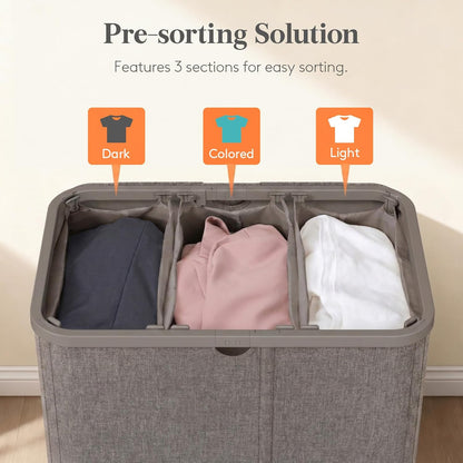 Lifewit 185L 3 Section Laundry Hamper with Lid, Laundry Basket, Beige | Large Foldable Laundry Sorter with 3 Removable Bags, Tall Clothes Hamper for Bedroom and Bathroom