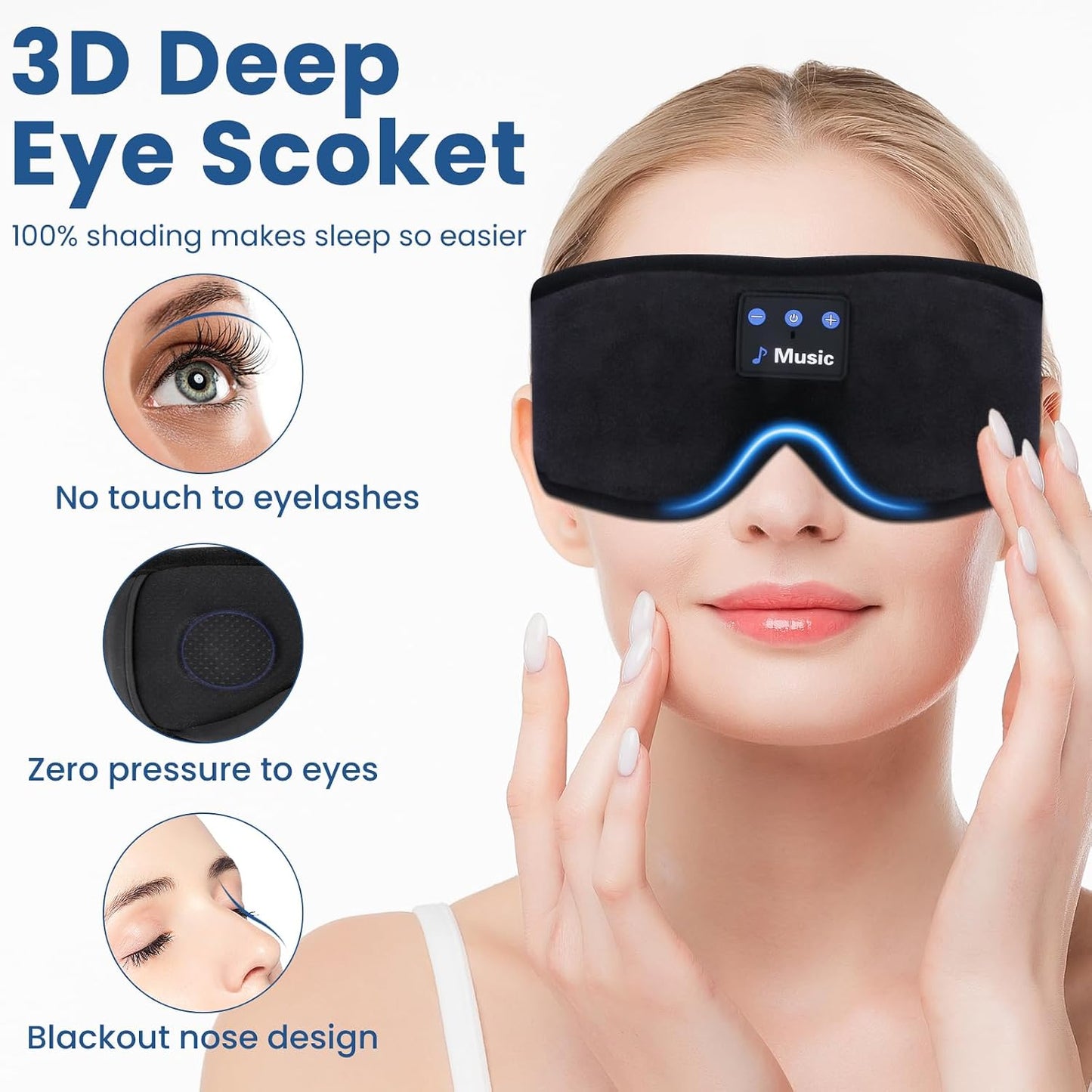 3D Sleep Mask with Bluetooth Headphones, Sleeping Headphones for Side Sleepers, Wireless Music Eye Mask with Ultra-Thin Stereo Speakers for Men, Women