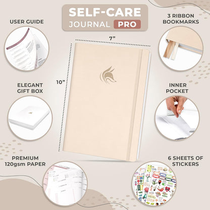 Clever Fox Self-Care Journal PRO for Women, Mental Health, Seashell | Guided daily life reflection, wellness, gratitude, and mood prompts, habit tracker, 7x10 in, eco leather hardcover