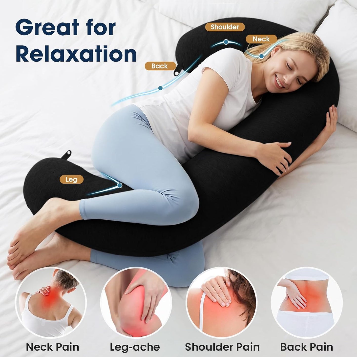 TranquilRelax C Shaped Body Pillow for Side Sleepers, Memory Foam Long Pillow for Leg, Hip & Back Support, Soft Washable Cover,Grey-47"*10"