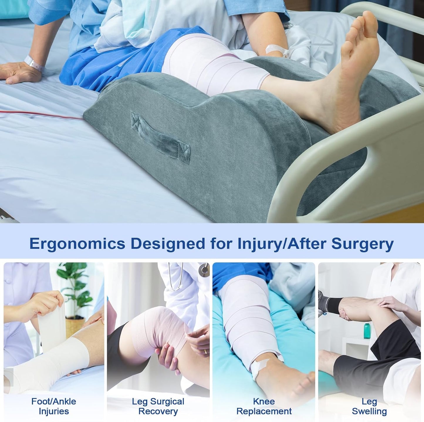 KingPavonini Leg Elevation Pillow for After Surgery, Single Leg, Grey | Ergonomic Curve Keeps leg/Knee Straight, Adjustable Memory Foam Leg Pillow, Pain & Swelling Relief, Improve Blood Circulation