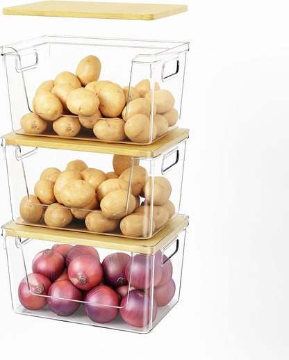 2 Set Pantry Organizer and Stackable Storage Kitchen,Sturdy and Durable Storage Basket for Potato, Onion, Garlic, Fruit, Vegetable, Produce, Clear Plastic Storage with Lid&Handle