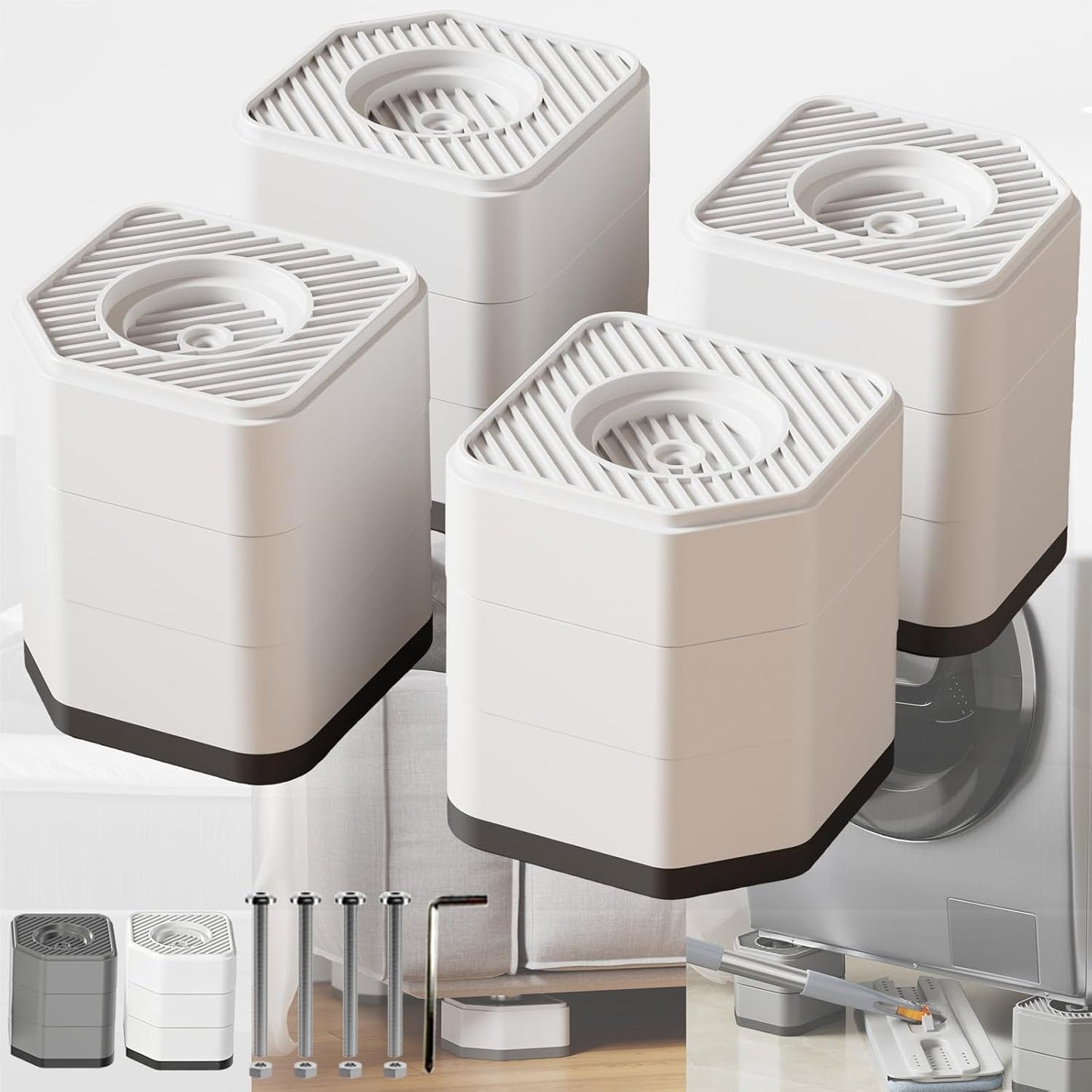 Anti Vibration Pads for Washing Machine, 1.8/3/4 Inch Washer Dryer Height Risers with Non-Slip Rubber Feet, Heavy Duty Anti Vibration Pads for Laundry Appliances(Grey 4 Pack, 3 inch)