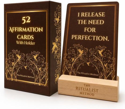 The Ritualist Method Card Deck, 52 Soft Touch Daily Affirmation Cards with an Engraved Wooden Stand in a Giftable Rigid Magnet Closure Box for Calm, Confidence, Mindfullness and Self Care