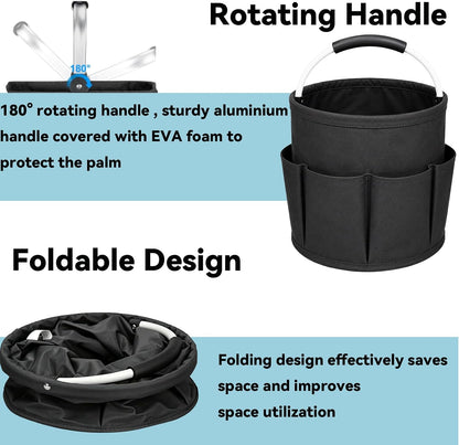 UFORU Cleaning Caddy with Handle, 17L Foldable Organizer with 6 Pockets | 600D Oxford Fabric, Durable, Waterproof, Large Capacity, Space-Saving Foldable, Multi Cleaning Bucket Bag for Home, Garden