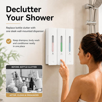 Shampoo and Conditioner Dispenser - Wall-Mounted 3-Chamber Shower Soap Dispenser, No-Drill, 1200ML Capacity, for Bathroom & Hotel