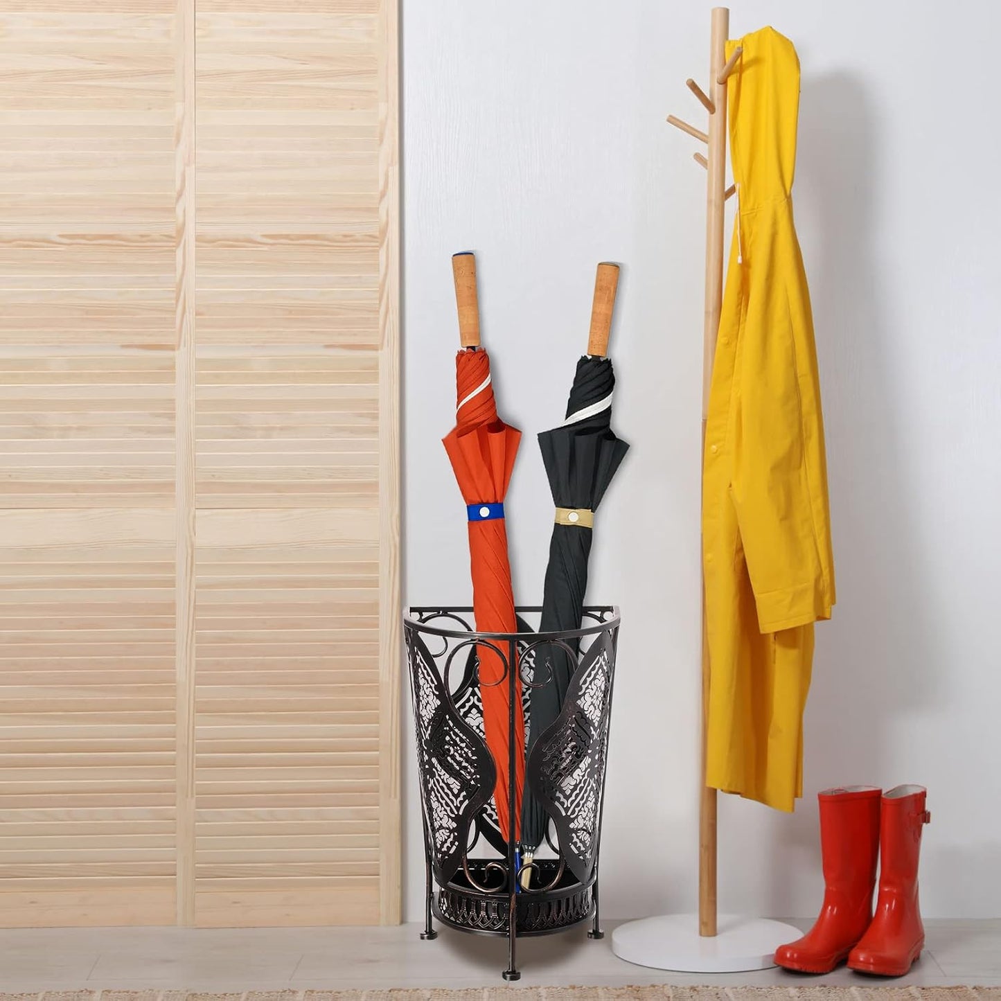 Dualplex Umbrella Holder Umbrella Stand Rack Metal Entry Hallway Décor w/Removable Drip Tray for Home Office Holds Umbrellas Canes Walking Sticks 16" Tall (Square, Antique)