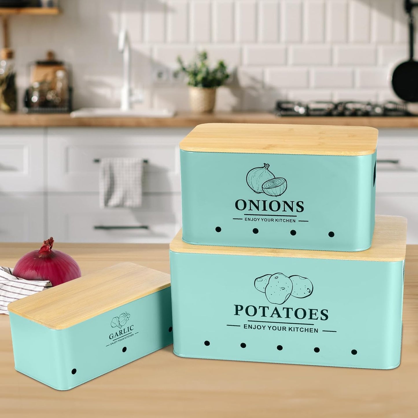 Kitchen Vegetable Storage Set of 3, Metal Onion Garlic Potato Storage Set, Kitchen Canisters Vegetable Keeper Containers with Aerating Holes and Bamboo Lid,Black