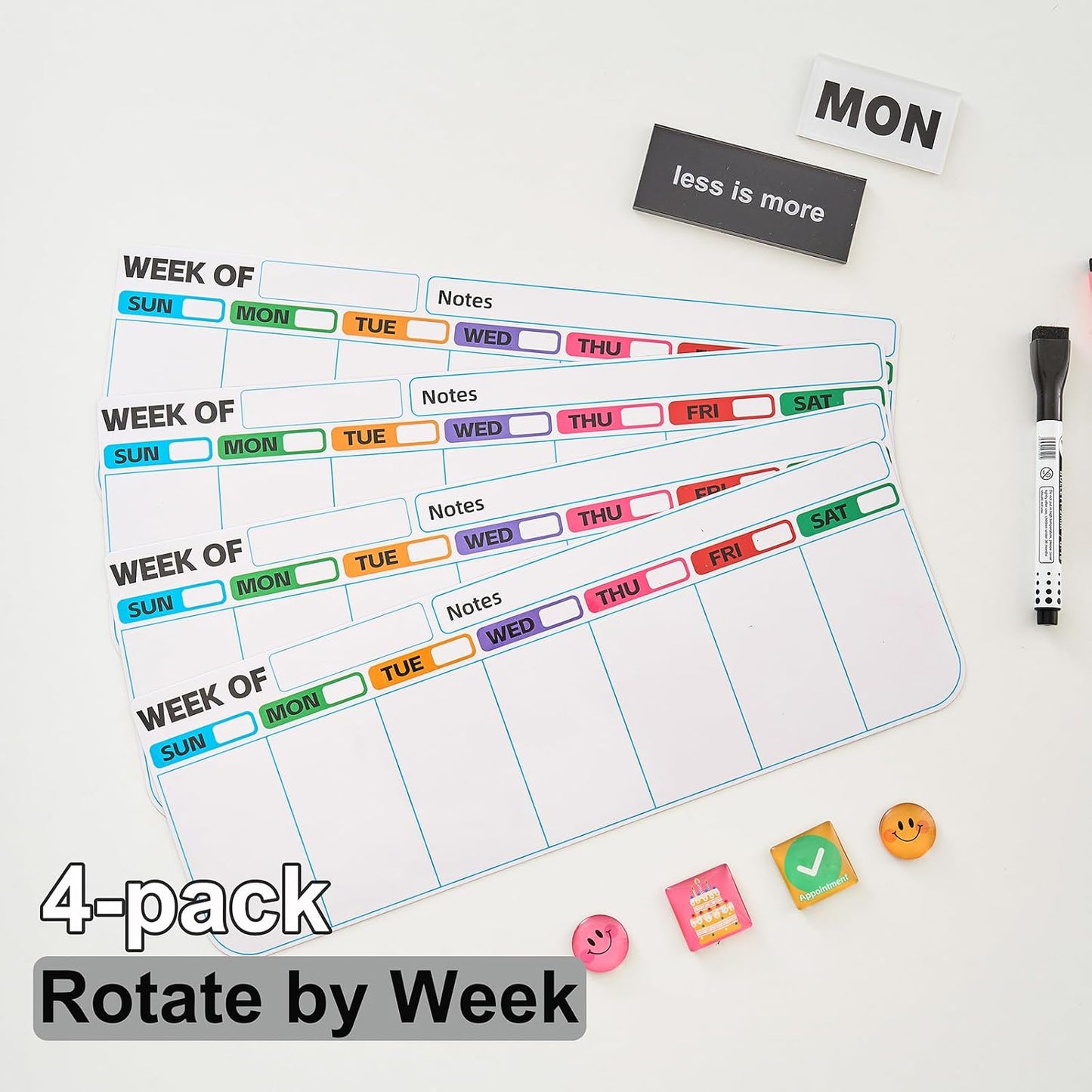 4 pack weekly fridge calendar Magnet rotate by week,reusable rotating Dry Erase calendar Planner magnetic to keep track of work and school schedules,13.9 x 4.9 inch